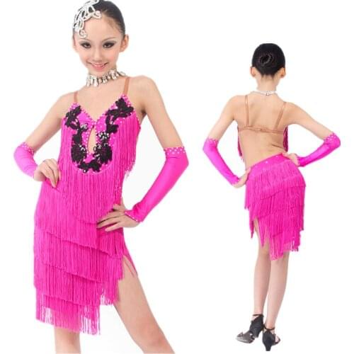New High-end Sexy Flexible Tassels Rose red Child Latin Dance Dress,Salsa/Rumba/Samba/Chacha/Ballroom Stage Performance Costume