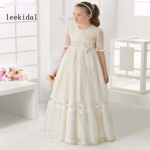 Kids Girls Ivory Puffy First Communion Dresses For Girls A Line Lace Flower Girls Dress Holy Christening Gowns Custom