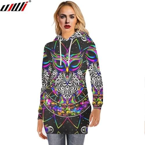 UJWI 3D Print OWL Nighthawk Black And Whlie Colorful Casual Hoodie Dress Women Long Sleeve Casual Pullover Hooies Dress