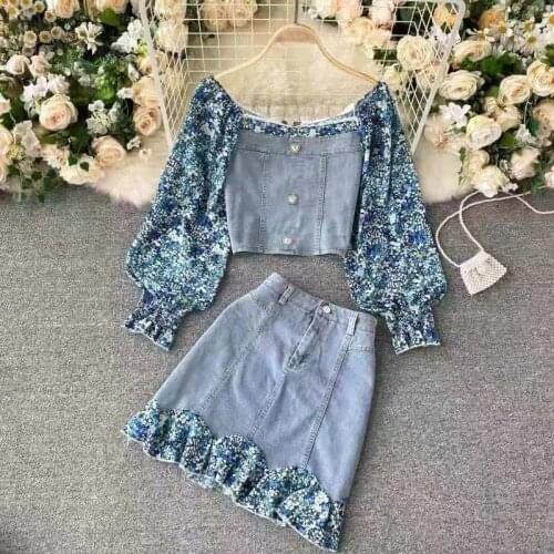 Plus Size Womens 2021 New Summer Design Floral Stitching Denim Jacket Short Skirt Two-piece Female