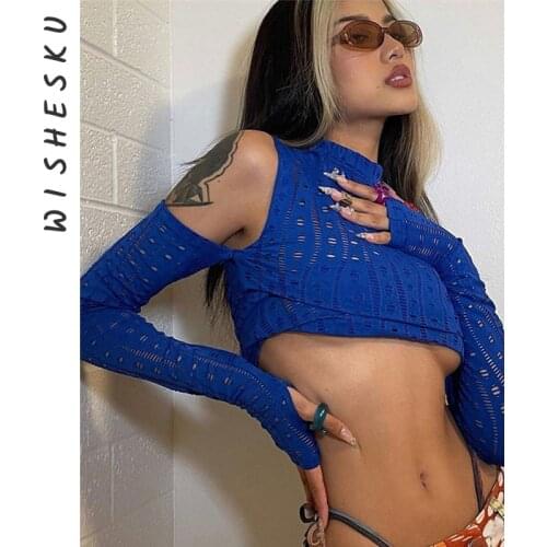 Sexy Women Crochet Mini Tee Shirt Hollow Out Off Shoulder Long Sleeve Mesh See Through Crop Tops 2021 Autumn Y2K Clothes