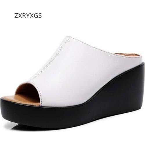 Hot 2021 New Summer Fish Mouth Genuine Leather Sandals Outer Wear Slippers Platform Increase Wedges Slippers Women Sandal Shoes