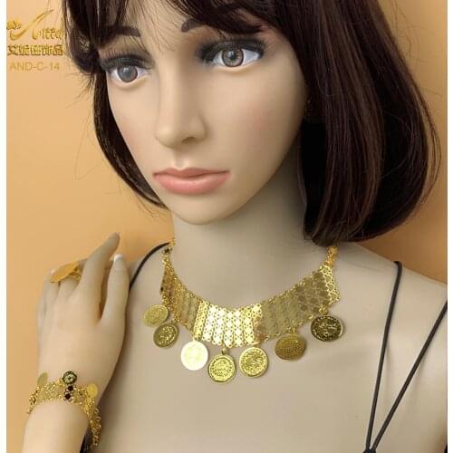 African Bracelets Dubai Wedding Jewelry Sets For Women Big Coin Pendant Choker Nigeria/Ethiopian Bridal Gold Necklaces Earrings