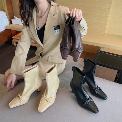 2022 New Hot Sale Fashion Pleated PU Leather Square Toe Zip Women Ankle Boots Sexy Thin High Heels Ladies Shoes