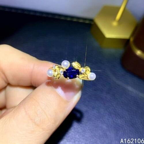 925 Pure Silver Chinese Style Natural Sapphire Womens Classic Trendy Pearl Plant Adjustable Gem Ring Fine Jewelry Support Detec