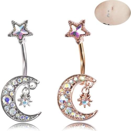 1PC Rainbow Crystal Star Belly Ring Sexy Moon Tassel Belly Bars Piercing Ombligo Navel Jewelry