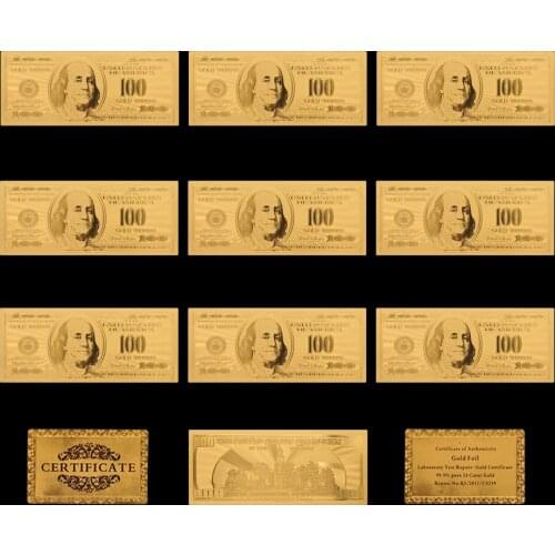 10PCS/Lot Gold Foil Gold Plated 100 Dollar Money in Colors And Gold Banknote Paper For Business Or Holiday Gifts