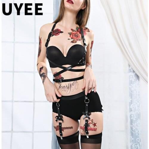 UYEE Sexy 2 PCS Leather Harness Erotic Lingerie Garter Belt Body Sexy Women Harness Bra Sexe Waist Belts Bondage Cage Suspenders