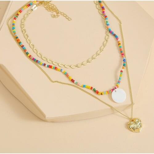 3 Pcs/Set Bohemian White Round Shell Gold Heart Pendant Necklace Women Boho Metal Chain Handmade Beaded Layered Necklace Jewelry