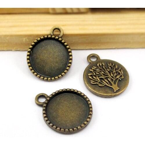 70pcs--Antique Bronze Round Life Tree Cameo Cabochon Base Settings Charms, inner 14mm
