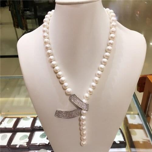 Design 8-9mm white natural freshwater pearl fashion necklace sweater chain DIY micro inlay zircon accessories fashion jewelry