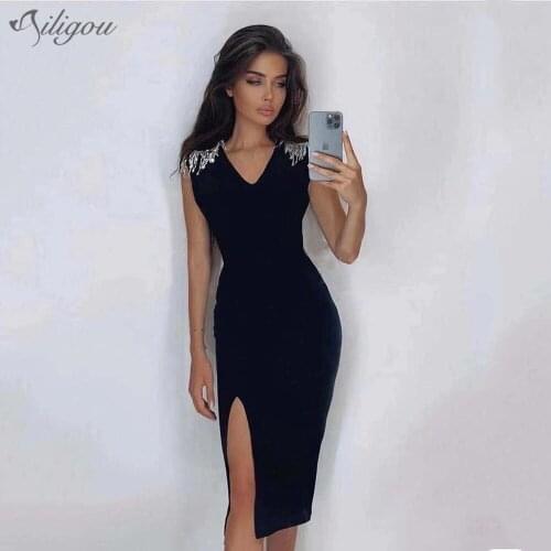 Ailigou 2021 Sexy Bandage Dress Ladies Tight Fit Mini Party Club Celebrity Diamond Tassel Sleeveless Summer Dress New Arrival