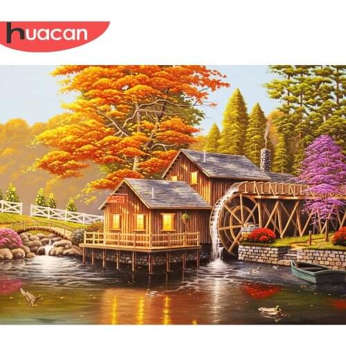 HUACAN Full Drill Diamond Painting Autumn Scenery Mosaic Embroidery House Cross Stitch Wall Art Handmade Gift