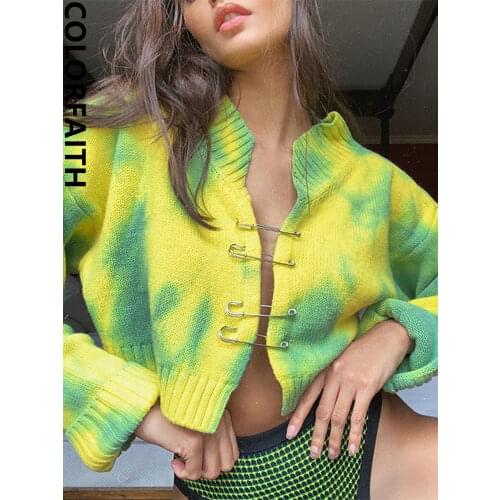 Colorfaith New 2021 Y2K Womens Autumn Winter Sweaters Pin Tie Dye Vintage Cardigans Cutout Fashionable Short Tops SWC3075JX