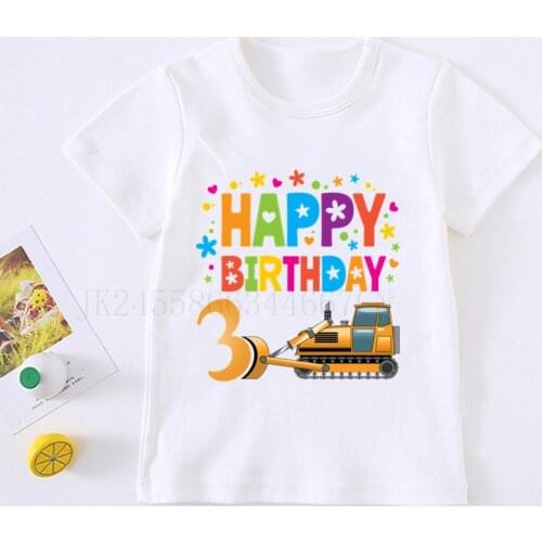 Boys Bulldozer Happy Birthday T-shirt Fire Truck Shirt Boys Train Tees Toddler Baby Boy Construction Truck Shirts Number 2-8