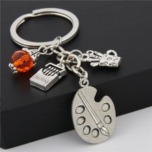 1pc Painters Tools-Palette&Brush Keychain With Bead Jewelry Tibetan Silver Color Charm Pendant Keyring Jewelry E1669/E1701