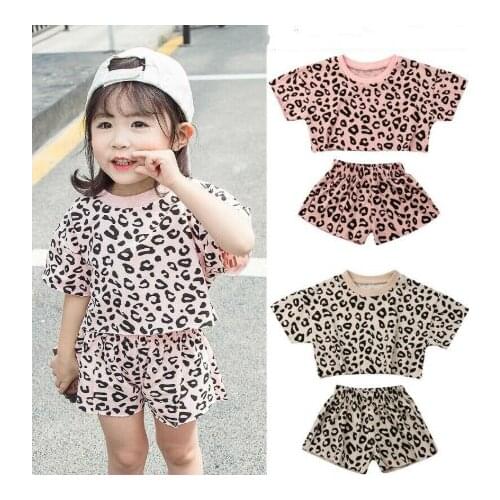 4 Colors Fashion Infant Baby Girls Summer Outfits Clothes Sets 2pcs Leopard Print T-shirt Top+Shorts Outfit 6M-5Y