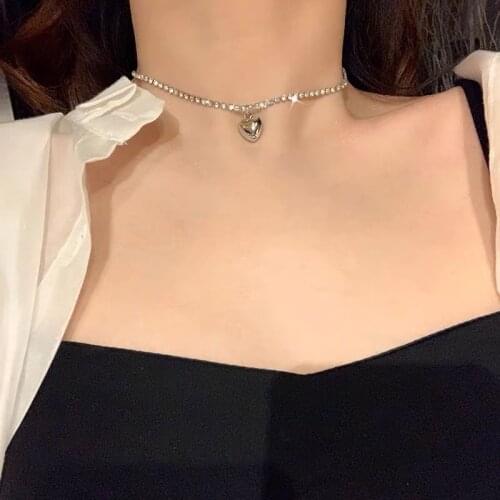 Gold Silver Color Heart Pendant Choker Necklace Female Rhinestone Clavicle Chain Short Necklaces for Women 2020 Fashion Jewelry
