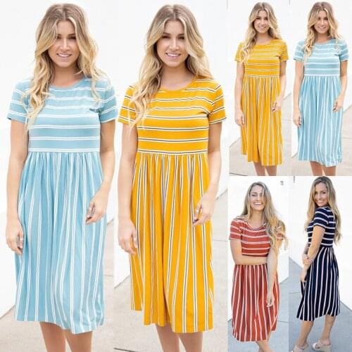 Leosoxs 2021 Summer O Neck Short Sleeve Empire Womens Dress Fashion Striped Print Pleated Knee Long Vintage Ladies Party Dress