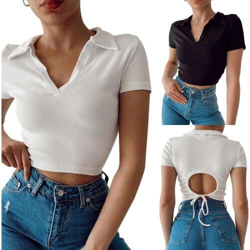 New Summer Woman Girl Solid Color Short Sleeve Turn Down Collar V-neck High Street Crop Tops T-shirt Clothes