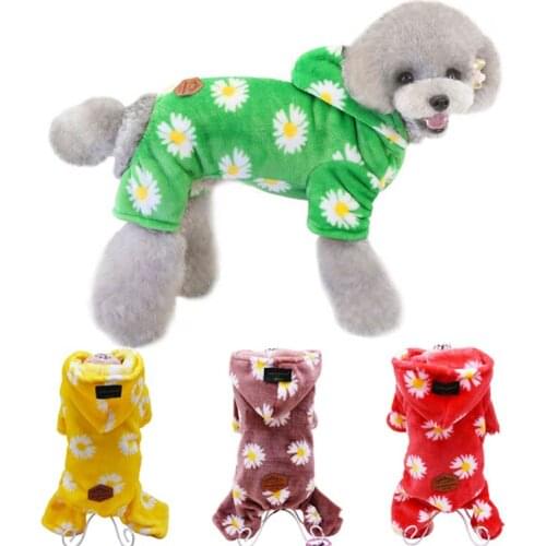 Cute Daisy Print Dog Pajamas Winter Puppy Yorkshire Onesies Warm Flannel Hooded Jumpsuit Pet Clothes For Small Medium Large Dogs