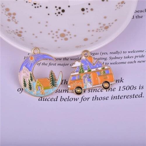 MuhNa 10pcs/pack Vacation Bus Mountain Moon Oil Drop Metal Charms Pendant Earrings Bracelet DIY Keychain Necklace Jewelry Making