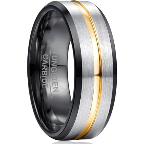 NUNCAD 8mm Width Tungsten Carbide Ring Electroplated Black Inner Ring Bevel + Gold Groove Frosted Tungsten Steel Mens Ring