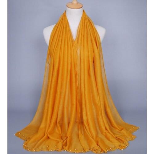 Plain Color Scarves Beading Women Hijabs Cotton Voile Solid Head Wrap For Muslim Hijabs Gold pearl Islamic Shawl Headband