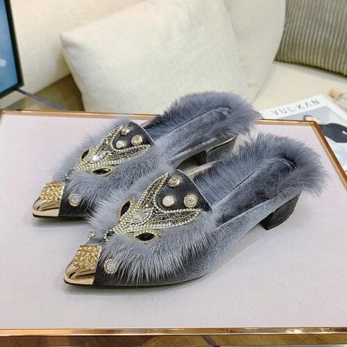 OLOMLB Womens Pointy Metal Toe Fur Rhinestones Crystal Fox Decor Warm Winter Mules Block Heel Shoes Furry New 2020 Luxury