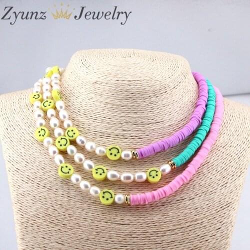 5PCS, Bohemian Polymer Clay Necklace For Women Smiley Face Beads Choker Necklace Handmade Pearl Collar Jewelry