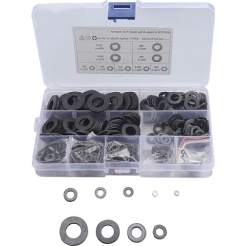 600pcs Black Carbon Steel Flat Washers Set in Plastic Box M2-M12 Marine Auto Car Repair Hardware