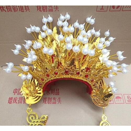 Golden Wedding Crown Hats For Bride White Ball Opera Headpiece Vintage Chinese Dancer Hat Funny Stage Performance