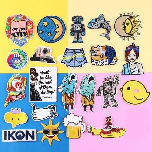 Sun Moon Salted Fish Monster DIY Shark Cartoon Badges Clothe Embroidery Patch Applique Ironing Clothing Sewing Supplies Decor