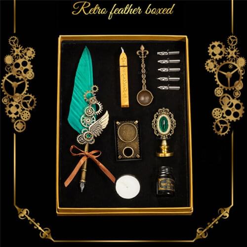 Vintage Feather Fountain Pen Ink Bottle Calligraphy Set Writing Dip Pen Envelope Invitation Card Seal Wax Sealing Stamps Decor