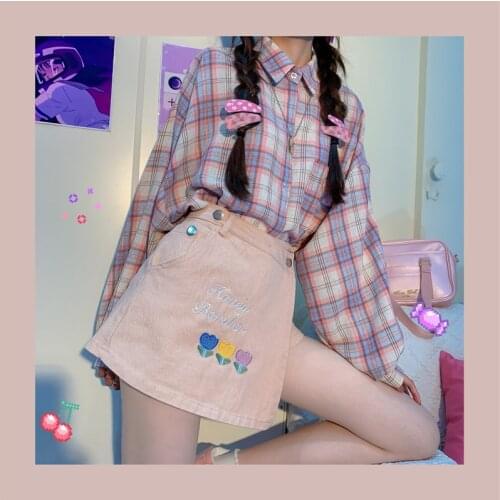 Summer Vitality Girl Sweet Cute Culottes Tulip Letters Embroidery A Version High Waist Pantskirt Women Split Skirt Student