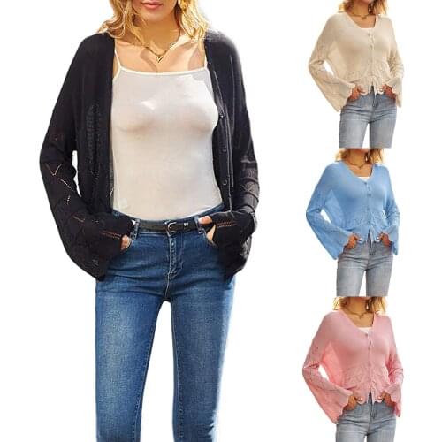 Womens V-neck Hollow Long Sleeve Button Cardigan Sweater High Street Fashion Thin Knit Jacket Y2K Flared Sleeve Casual Poncho