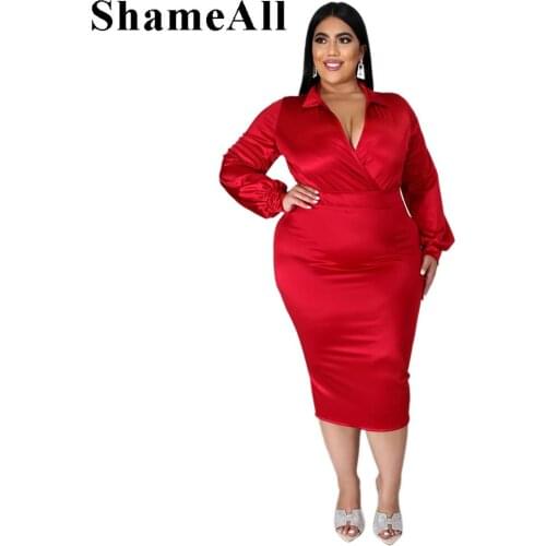 Plus Size Solid Long Sleeve Sexy V Neck Red Skirt 2 two pieces sets 4XL Turn Down Collar Elegant Party Club Dresses Robes Suits