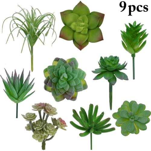 9PCS Green Flocking Artificial Succulents Mix Unpotted Decorative Fake Plants Fake Succulents Accessories