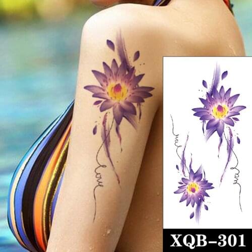 Watercolor Waterproof Temporary Tattoo Sticker Purple Flowers Letters Line Fake Tattoos Flash Tatoos Arm Body Art for Women Men