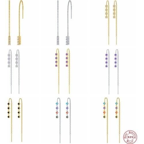 BOAKO 925 Sterling Silver Colorful Zircon Long Chain Tassel Threader Earrings For Women Drop Earrings Party Jewelry Pendientes