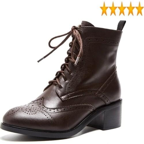Block British Womens New Med Heels Top Ankle Lace Up Motorcycle Casual Boots High Quality Genuine Leather Shoes