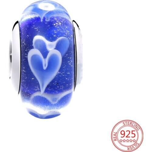 New 925 Sterling Silver Blue Heart-shaped Murano Glaze Charms Bead Fit Original Pandora Bracelet Women Birthday Diy Jewelry Gift