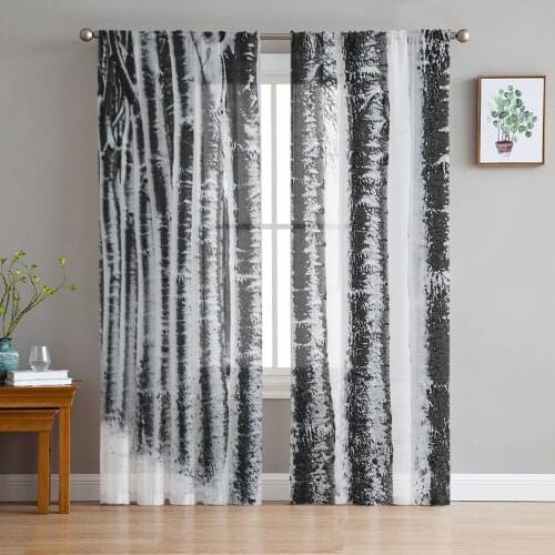 Black And White Tree Trunk Gauze Curtains For Childrens Bedroom Kitchen Screen For Living Room Holiday Decor Voile Curtain