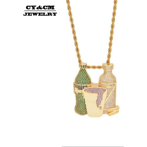 CY&CM Shiny Colored Micro Paved Cubic Zircon Drink Bottle Cup Pendant Fashion Gold Silver Color Hiphop Necklace For Men Jewelry