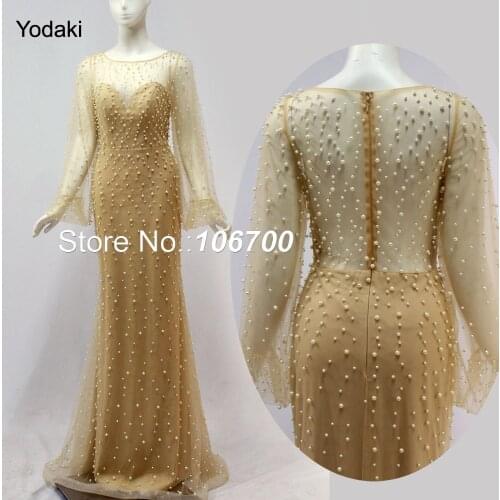 Real Photos Peals Mermaid Long Formal Evening Dresses Boat Neck Lantern Sleeves Sheer Illusion Nude Colors Pageant Prom Gowns