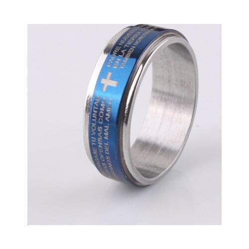 Blue 7mm cross Holy Bible Double layer Rotation 316L Stainless Steel finger rings men jewelry wholesale lots