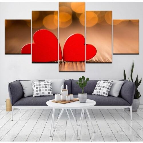 Canvas Paintings 5 Pieces Love Pictures HD Prints two red Heart Wallpapers Poster Framework Living Room Wall Art Home Decor