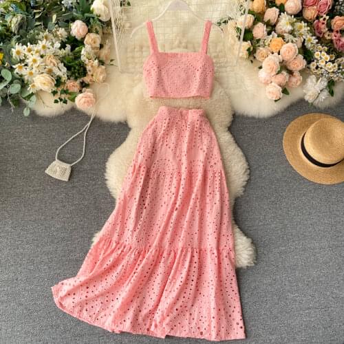 Summer Embroidered Cotton Lace Spaghetti Strap Crop Top A-line Swing Boho Long Skirts Two Piece Skirt Clothing Set Pink Mint
