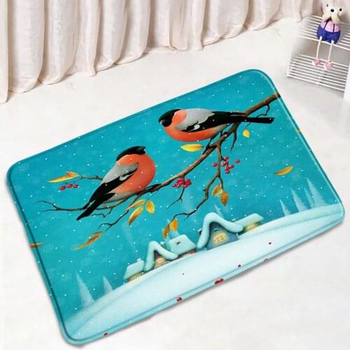 Flower Cute Bird Bathroom Mat Snow Branch Plant Winter Pattern Non-Slip Rug Flannel Home Decor Bath Kitchen Doorway Aisle Carpet