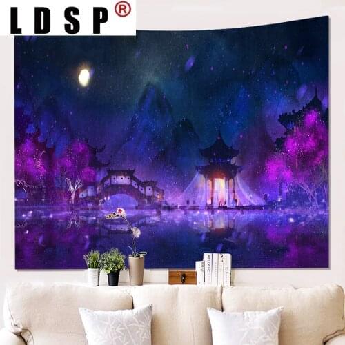 LDSP Lake Bridge Pavilion Cartoon Landscape Tapestry Hanging Rug Background Cloth Beach Mat Blanket Art Living Home Decor